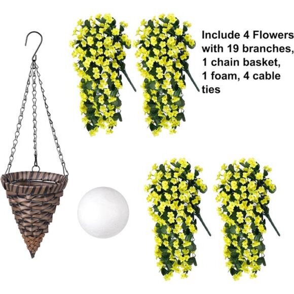 Artificial Fake Hanging Outdoor Flowers Plants Basket, Faux Silk Yellow Orchid - Picture 5 of 7